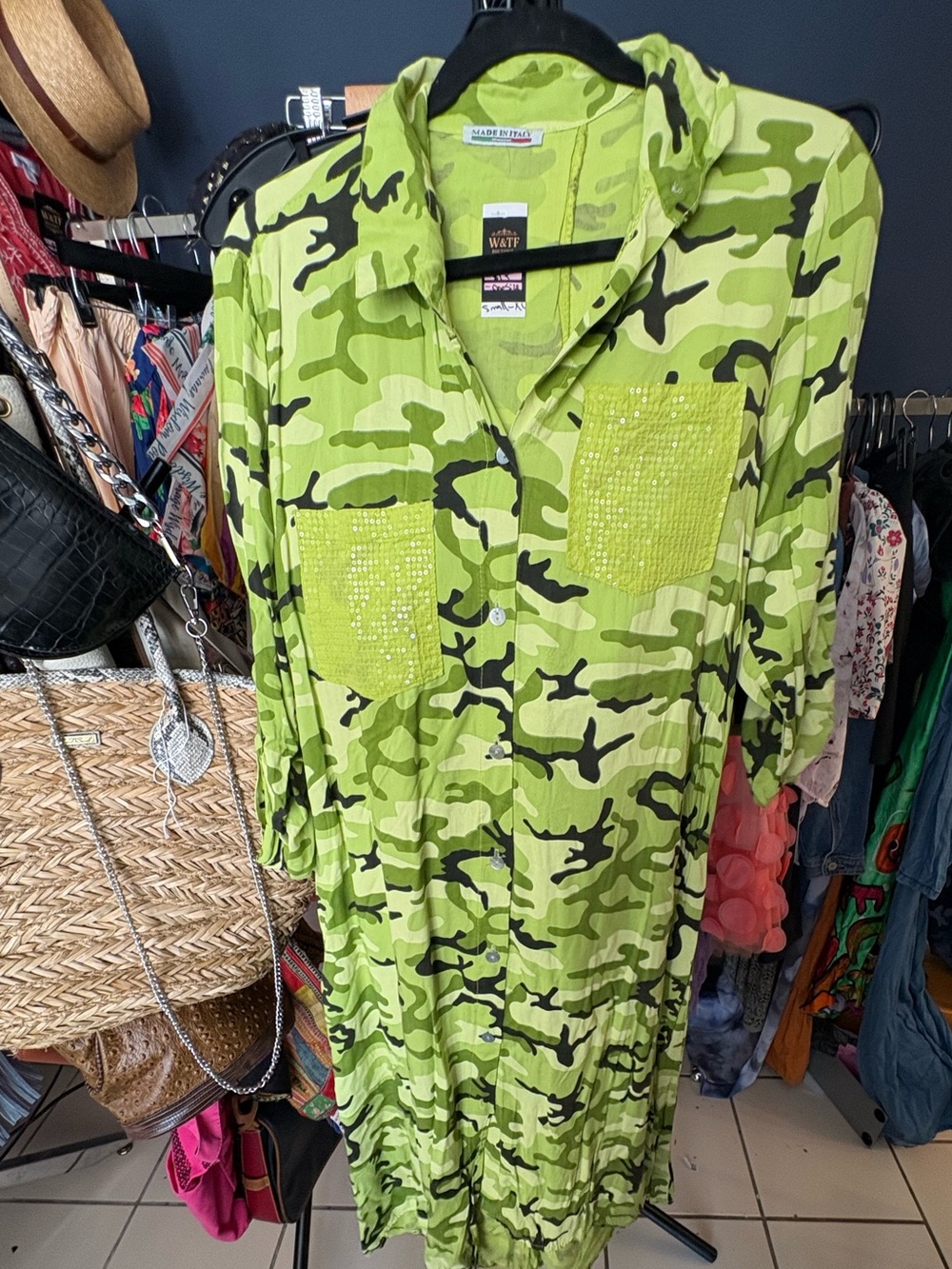 Made in Italy Lime Green Camo Maxi Dress with Sequin Pockets. One Size.